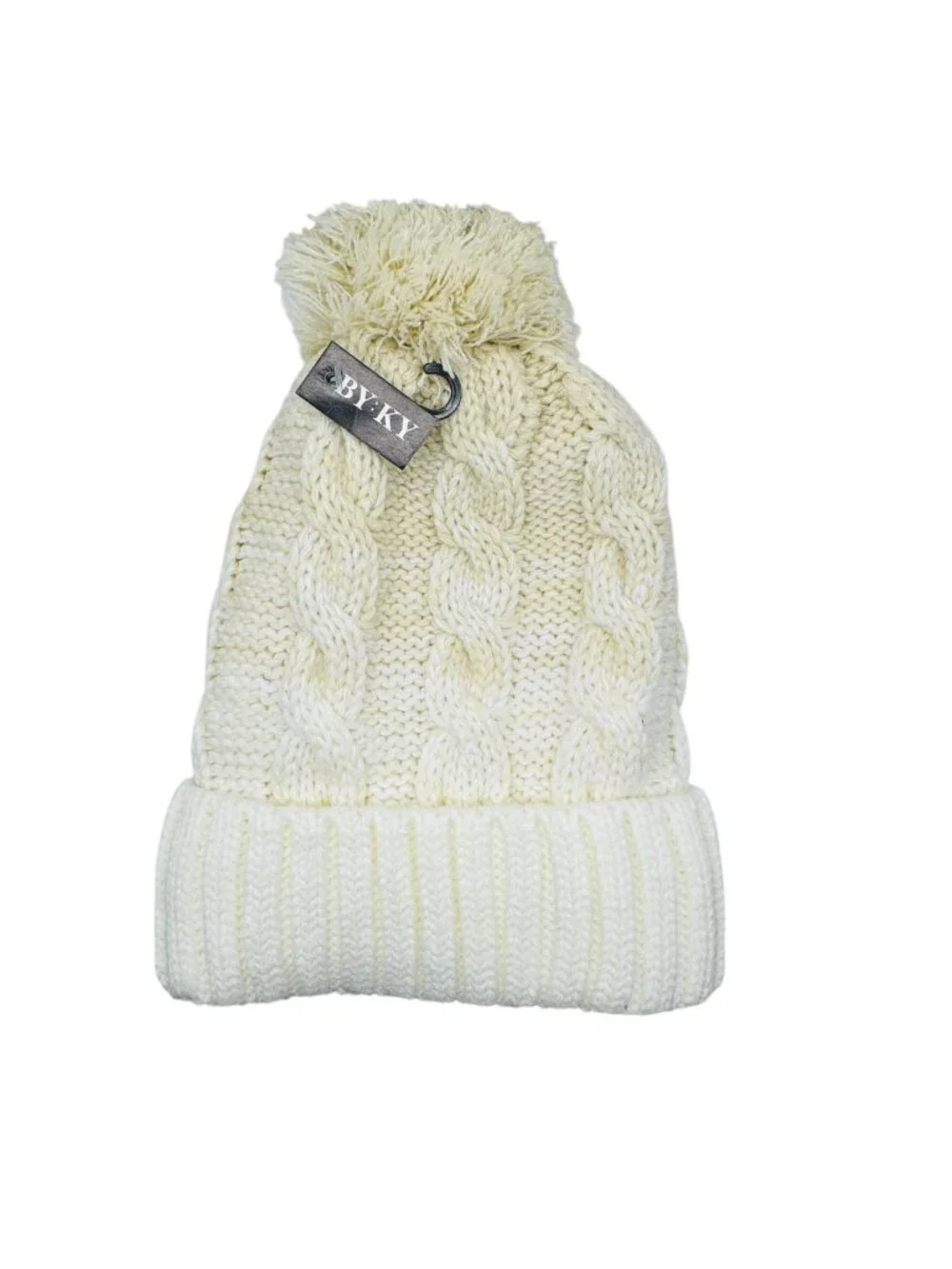 Cable Knit Winter Beanie With Pom-Pom By.Ky Fleece-Lined Warm Acrylic Hat White